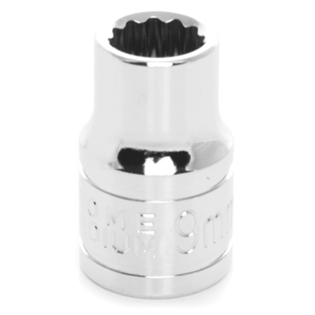 PERFORMANCE TOOL Chrome Socket, 3/8" Drive, 9mm, 12 Point, Shallow W38809